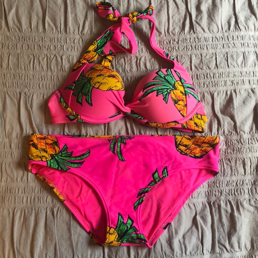 Aerie bikini swim set neon pink with pineapples